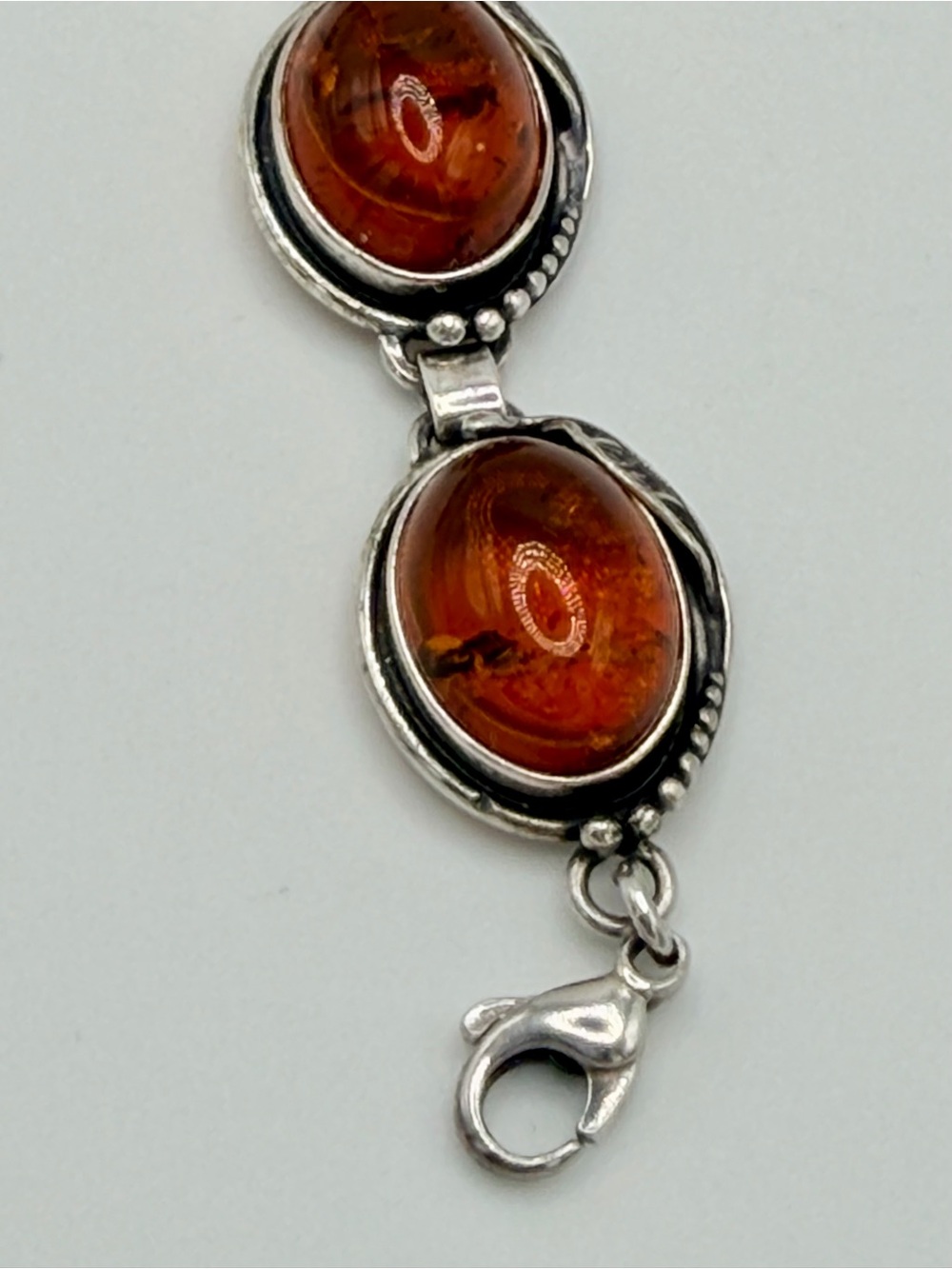 Vintage Oxidized Sterling Silver Leaf Pattern w/Oval Amber Cabochons Bracelet - Picture 10 of 16